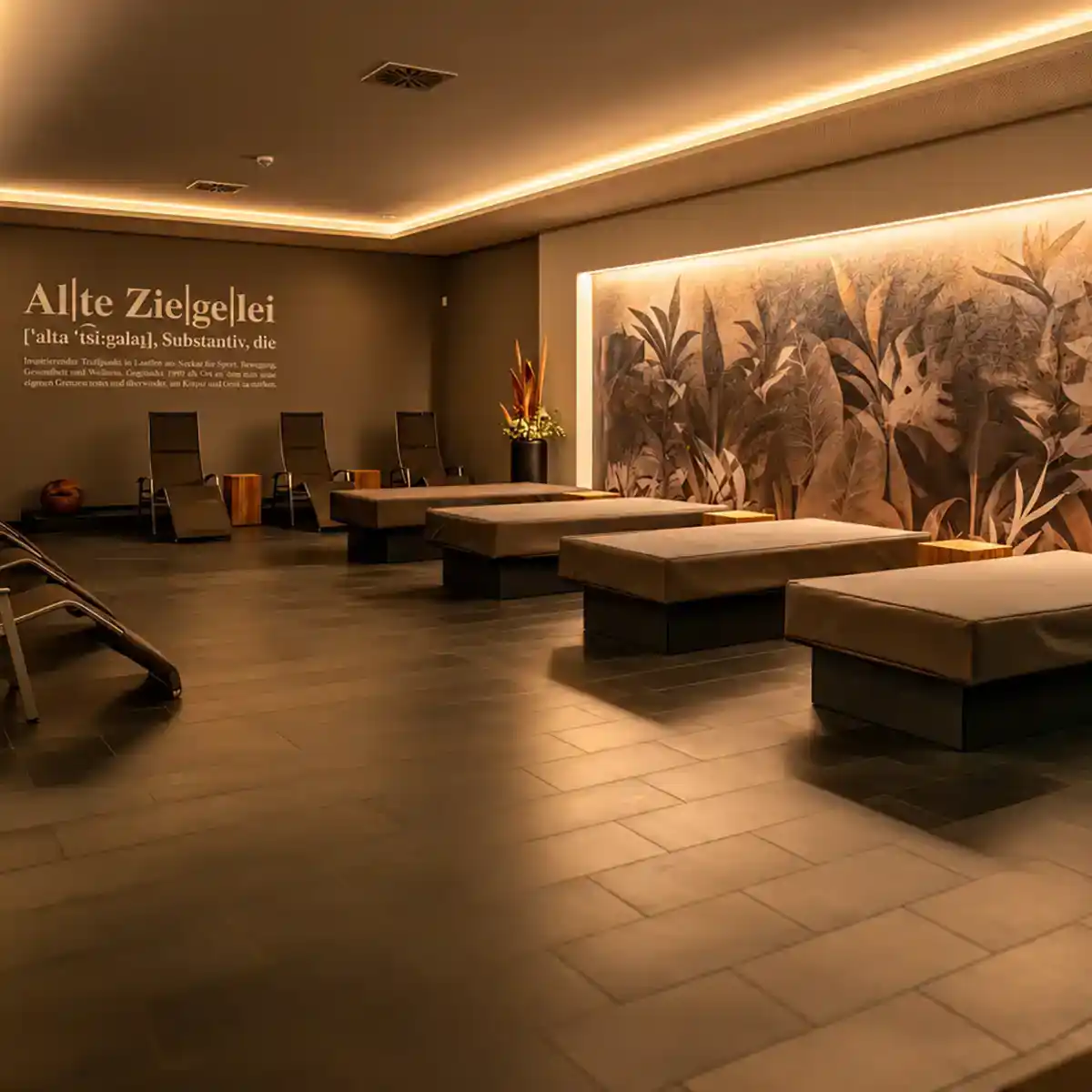Raum der Stille mit Wasserbetten und Ruheliegen im Wellnessbereich ALTE ZIEGELEI