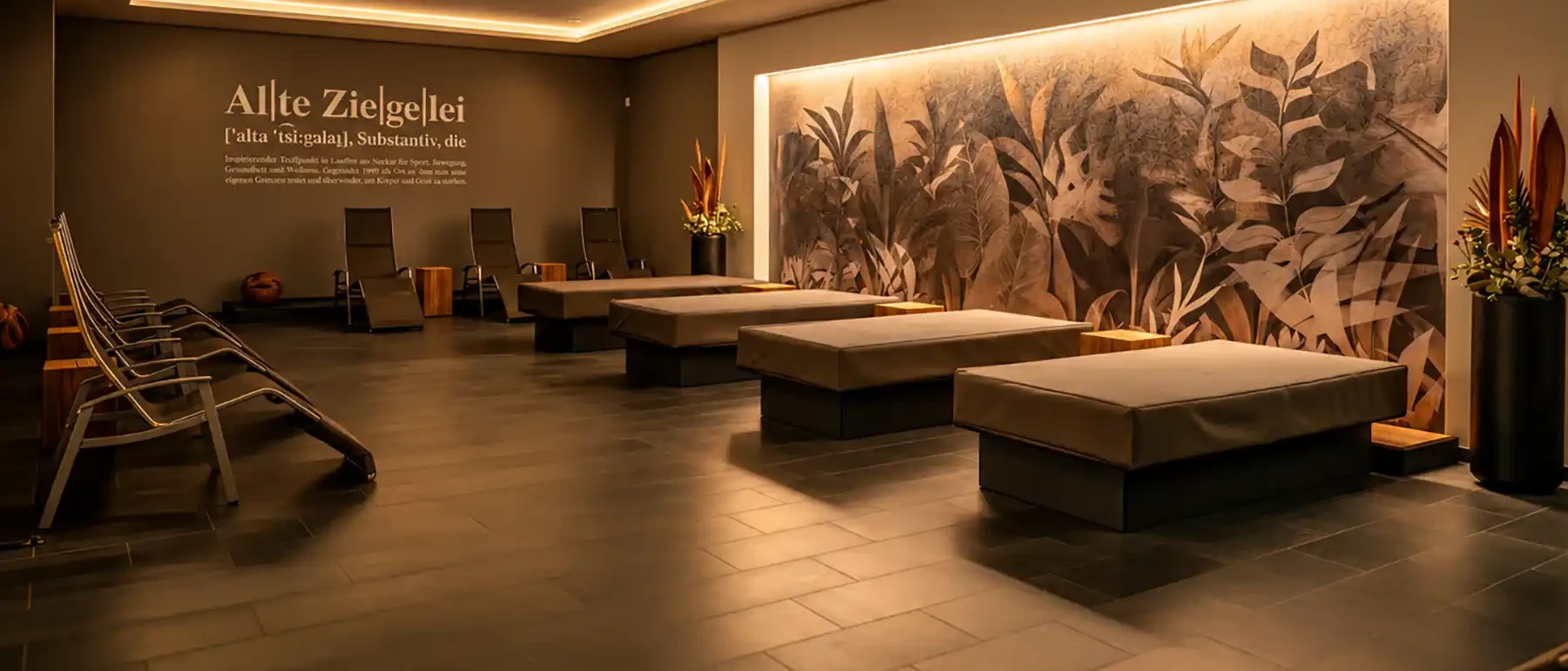Raum der Stille mit Wasserbetten und Ruheliegen im Wellnessbereich ALTE ZIEGELEI