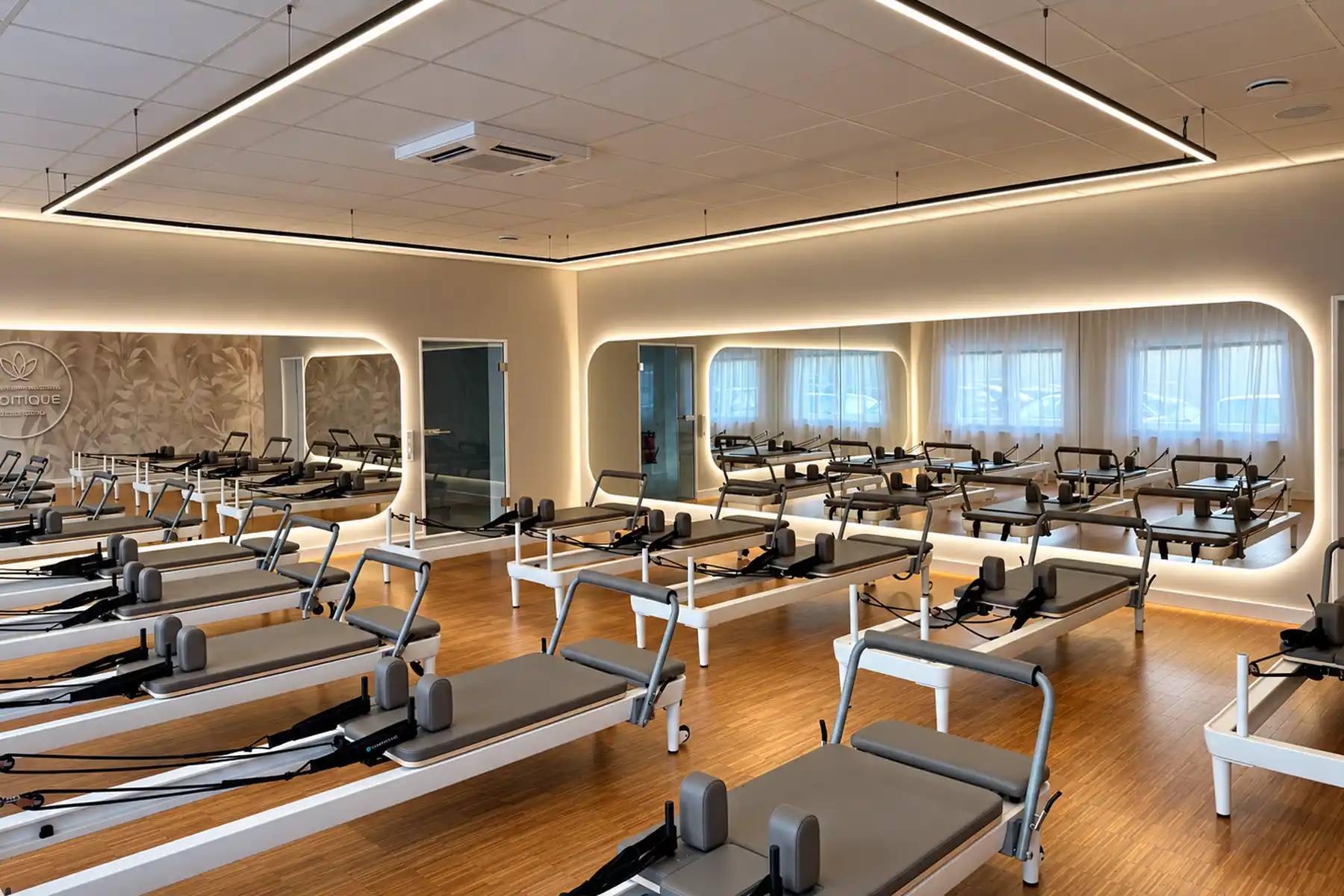 Kursraum des STUDIO 61 in Lauffen bei Heilbronn mit zehn Reformern für Reformer Pilates in kleinen Gruppen
